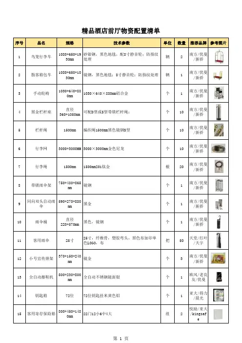 精品酒店前厅物资配置清单