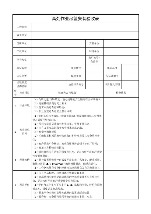 高处作业吊篮安装验收表