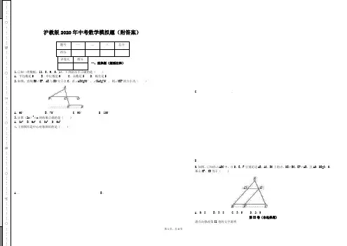 沪教版2020年中考数学模拟题(附答案)