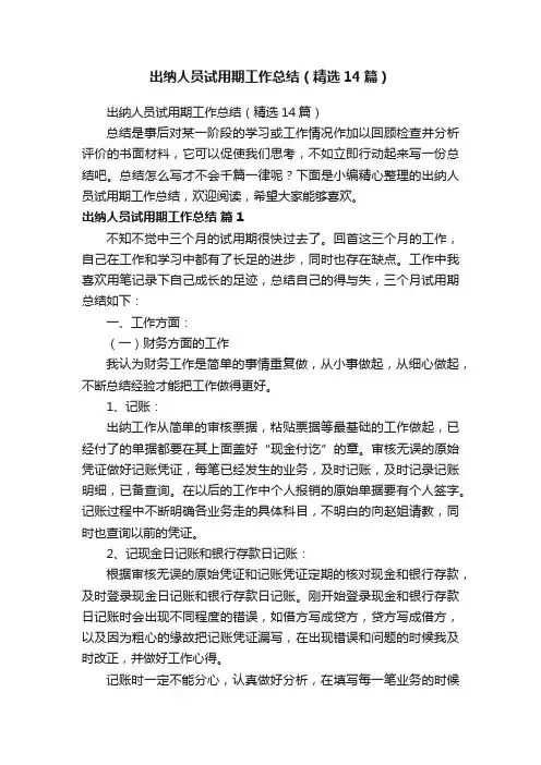 出纳人员试用期工作总结（精选14篇）