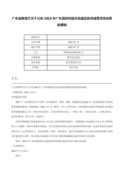 广东省教育厅关于公布2013年广东高校校园文化建设优秀成果评选结果的通知-粤教思函[2013]51号