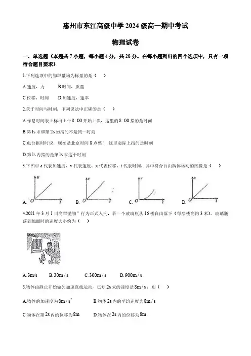 广东省惠州市东江高级中学2024-2025学年高一上学期11月期中物理试题(无答案)
