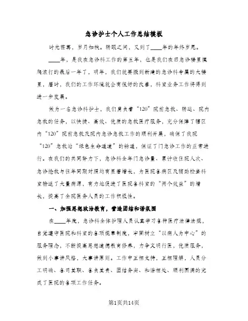 2024年急诊护士个人工作总结模板（5篇）