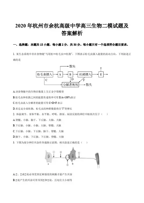 2020年杭州市余杭高级中学高三生物二模试题及答案解析