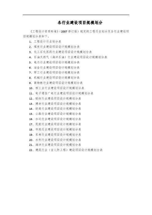 《工程设计资质标准》各行业建设项目规模划分