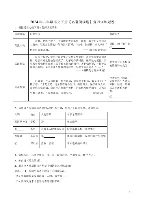 2024年八年级语文下册【名著阅读题】复习训练题卷附答案解析
