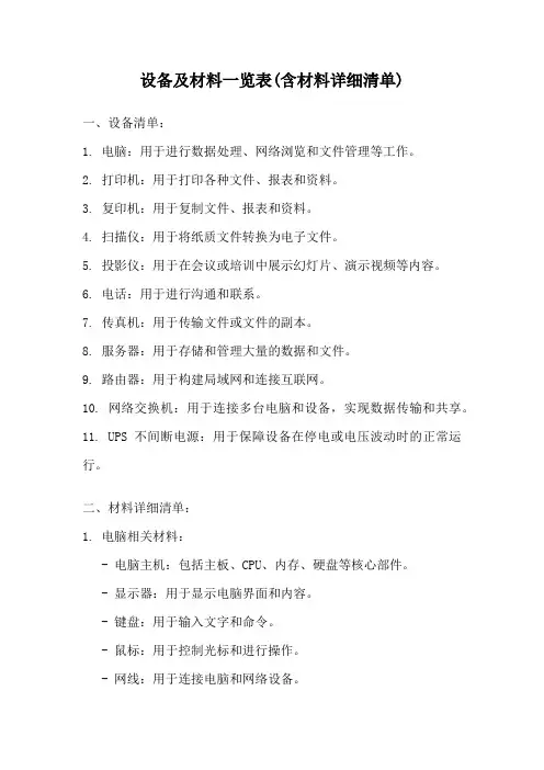设备及材料一览表(含材料详细清单)