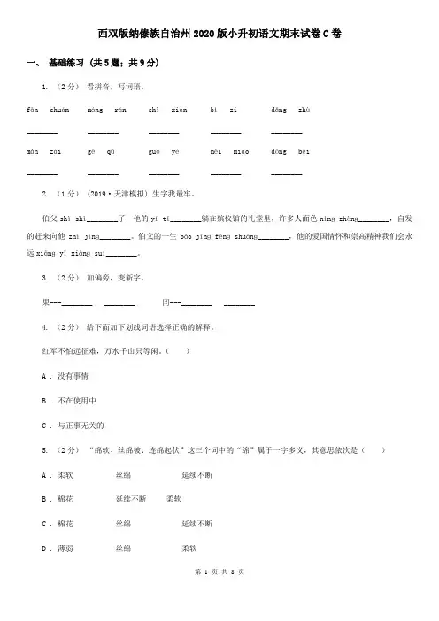 西双版纳傣族自治州2020版小升初语文期末试卷C卷