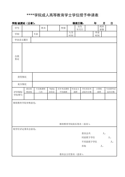 黄山学院成人高等教育学士学位授予申请表【模板】