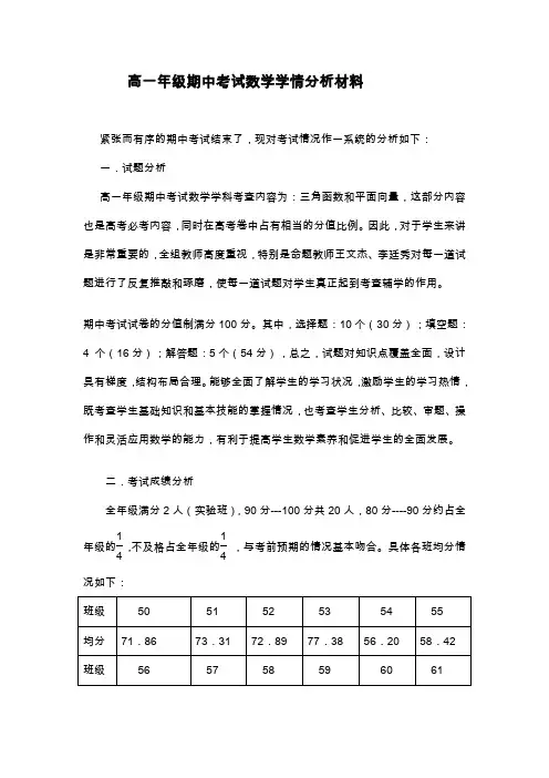 高一年级期中考试数学学情分析文档