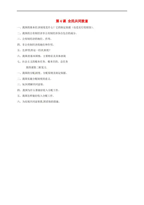 山东省潍坊市九年级政治全册 第二单元 五星红旗我为你骄傲 第4课 全民共同致富复习学案 鲁教版