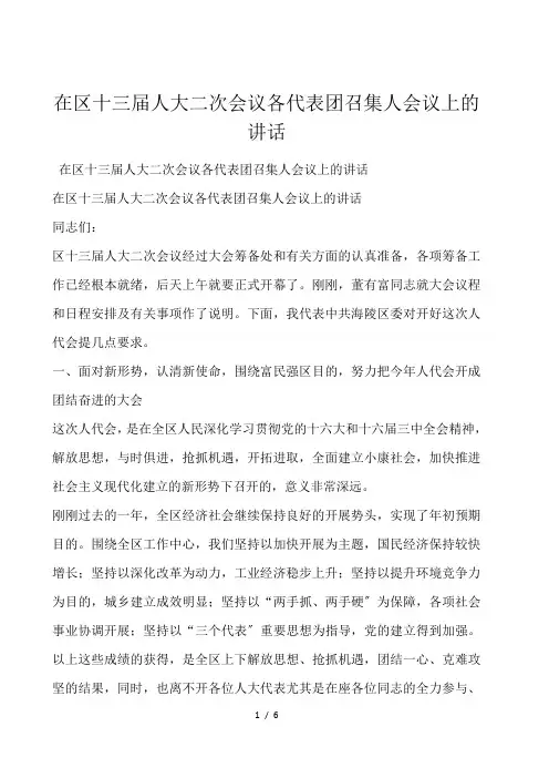 在区十三届人大二次会议各代表团召集人会议上的讲话