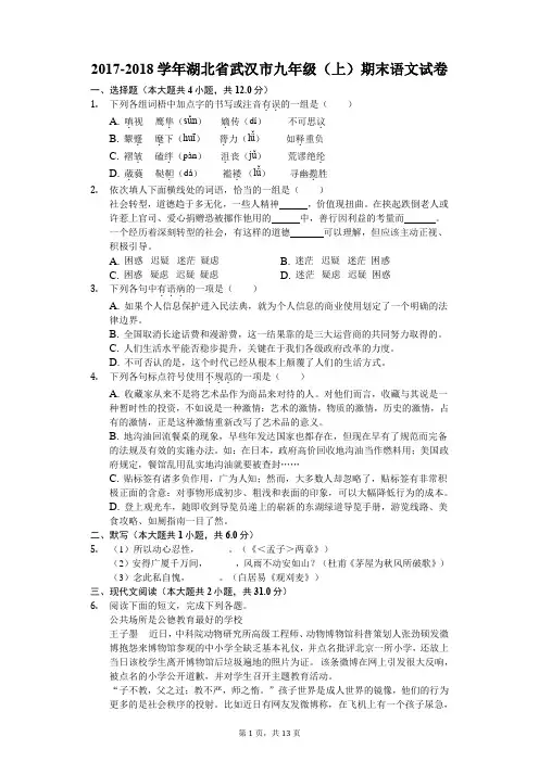 2017-2018学年湖北省武汉市九年级(上)期末语文试卷