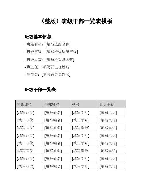 (整版)班级干部一览表模板