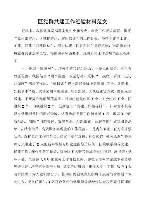 x区x群共建工作经验材料带群建d建设总结汇报报告