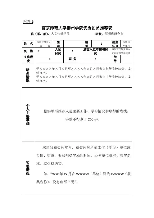 优秀团员推荐表填写范例