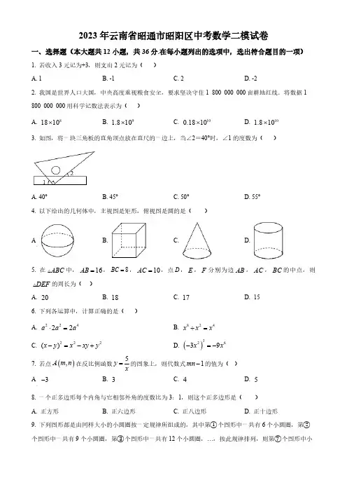 精品解析：2023年云南省昭通市昭阳区中考数学二模模拟试题(原卷版)