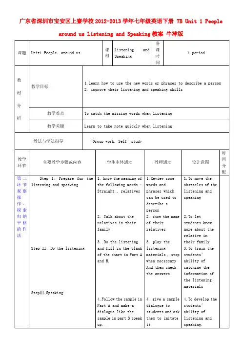 广东省七级英语下册 7B Unit 1 People around us Listening and Speaking教案 牛津版