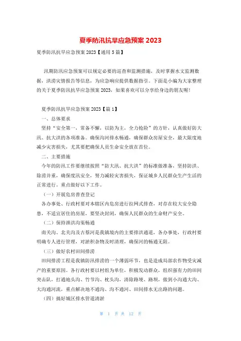 夏季防汛抗旱应急预案2023