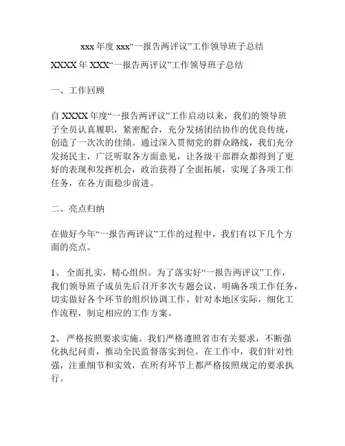 xxx年度xxx“一报告两评议”工作领导班子总结