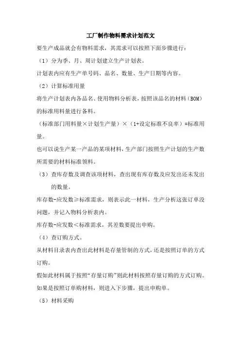 工厂制作物料需求计划范文