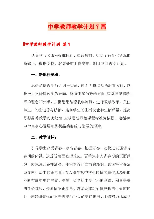 中学教师教学计划7篇