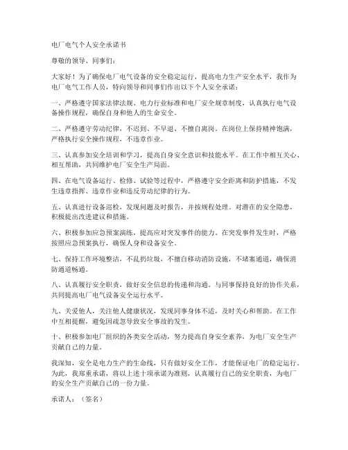 电厂电气个人安全承诺书