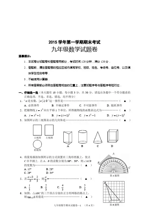 2015年第一学期九年级数学期末考试卷(定稿)