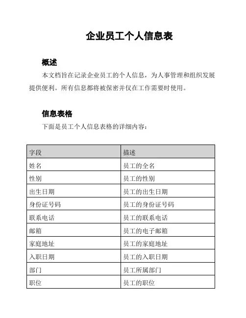 企业员工个人信息表