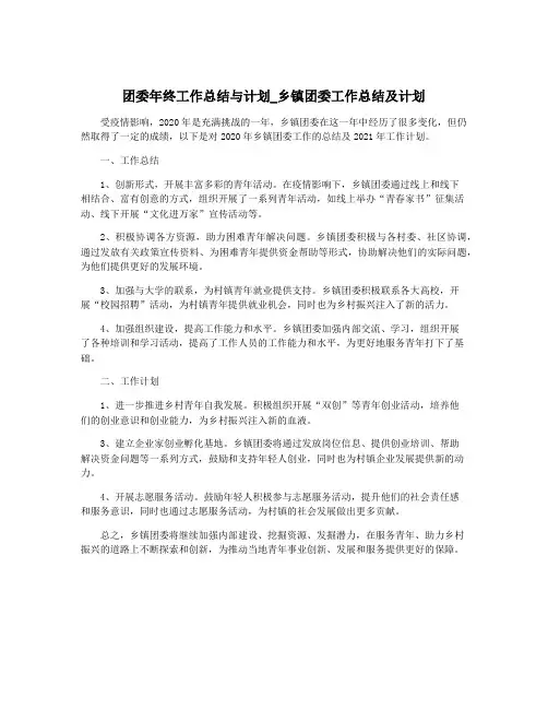 团委年终工作总结与计划_乡镇团委工作总结及计划