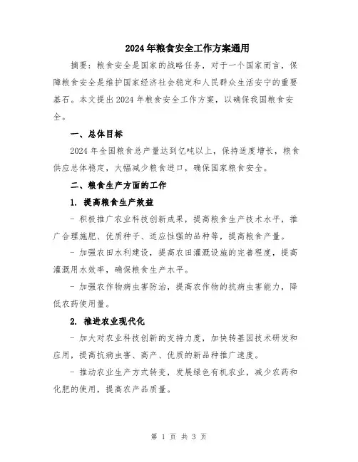 2024年粮食安全工作方案通用