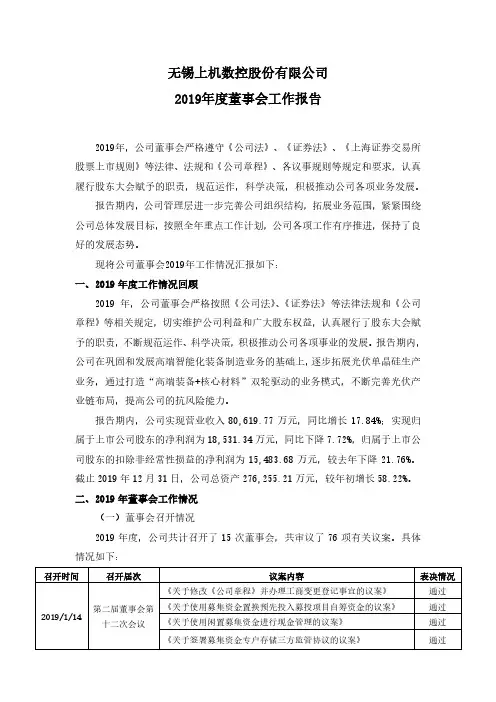 上机数控：2019年度董事会工作报告