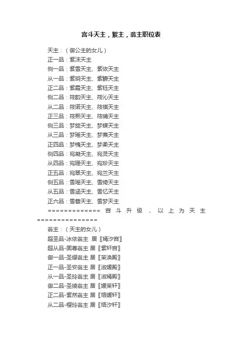 宫斗天主，絮主，翁主职位表