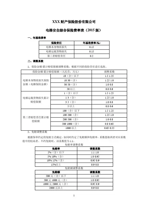 电梯安全综合保险费率表(2015版) 保险条款开发