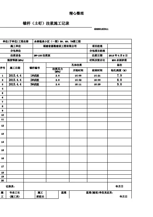 锚杆注浆记录表格模板 (6#)