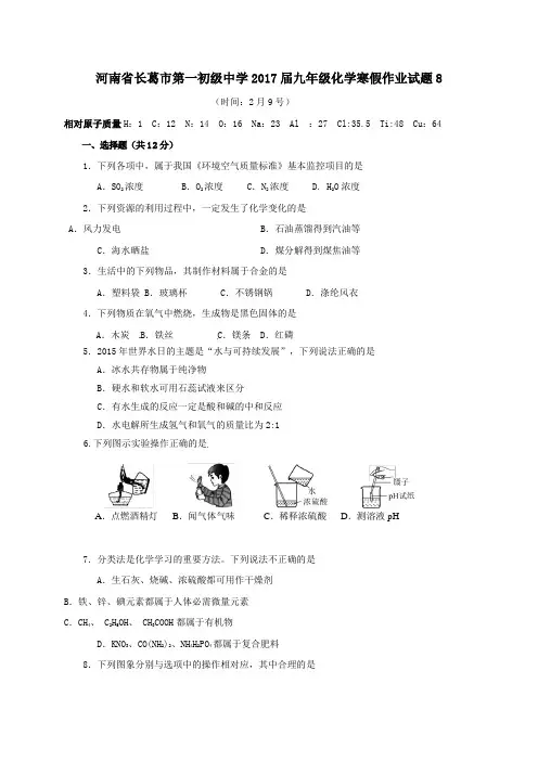 九年级化学寒假作业试题8022138