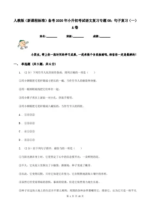 人教版(新课程标准)备考2020年小升初考试语文复习专题08：句子复习(一)A卷