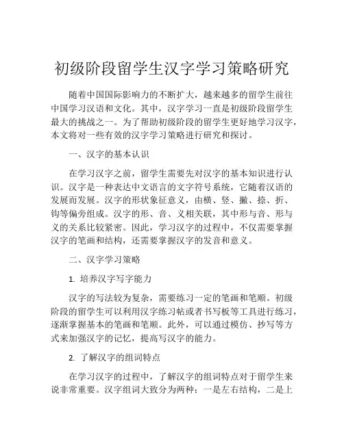 初级阶段留学生汉字学习策略研究