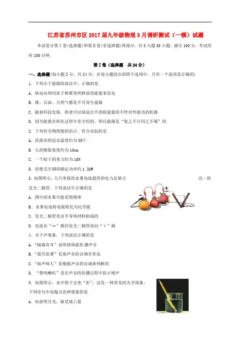 江苏省苏州市区九年级物理3月调研测试(一模)试题