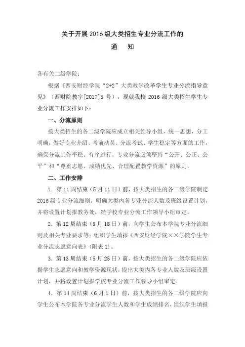 关于开展2016级大类招生专业分流工作的