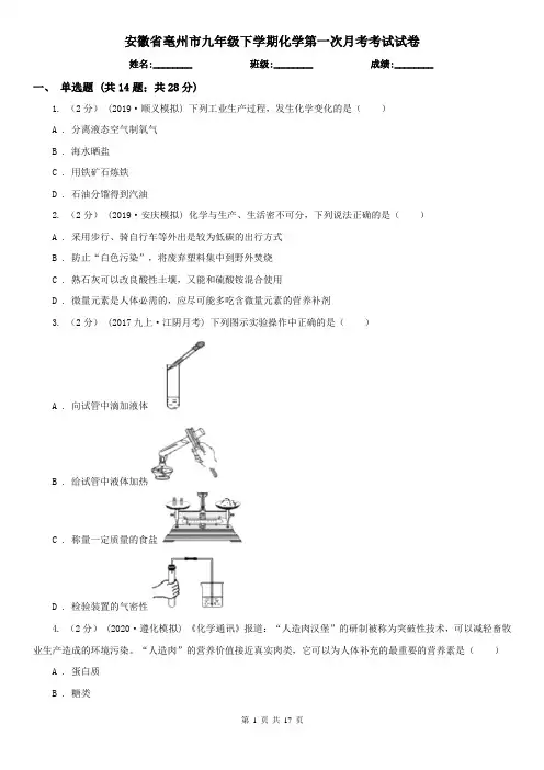 安徽省亳州市九年级下学期化学第一次月考考试试卷