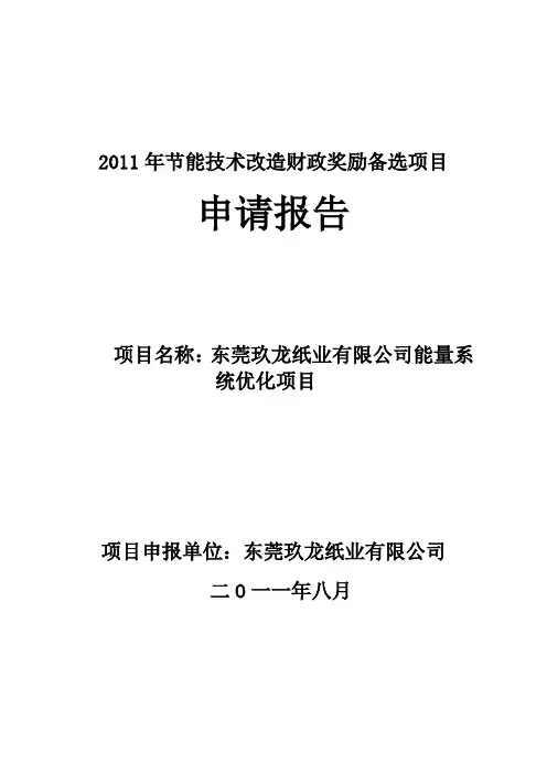 企业财政节能奖励资金申请报告(玖龙纸业)