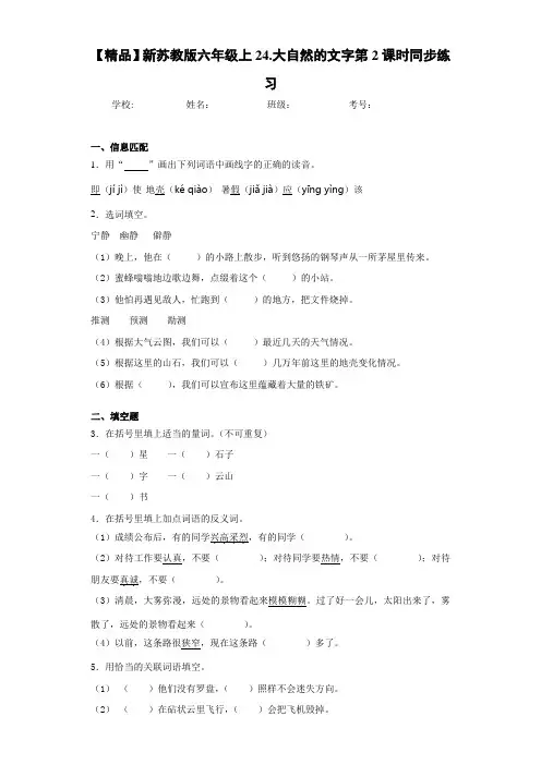 小学新六年级上24.大自然的文字第2课时同步练习(含答案解析)