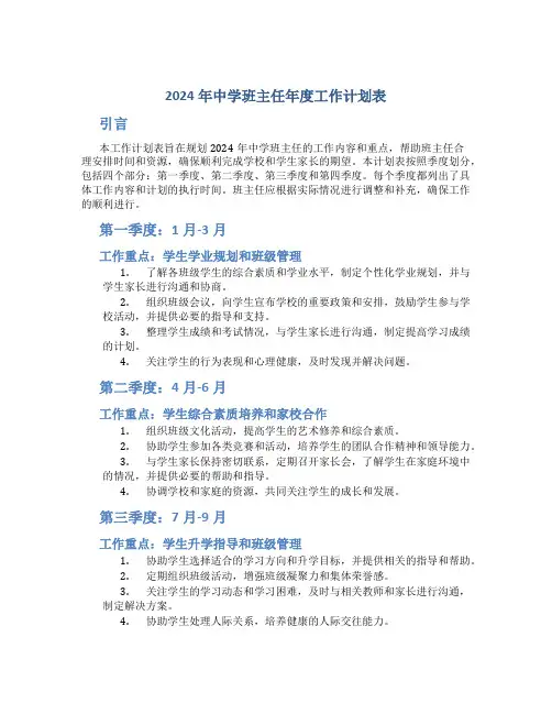 2024年中学班主任年度工作计划表