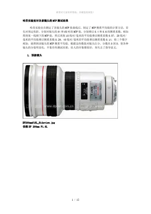 哈苏实验室对各家镜头的MTF测试结果