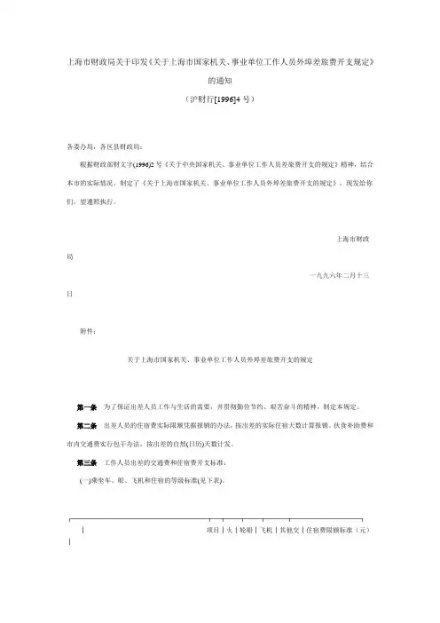 关于上海市国家机关、事业单位工作人员外埠差旅费开支规定