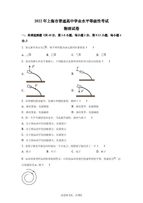 2022年上海市高中学业水平等级性考试物理试卷试题(答案详解)