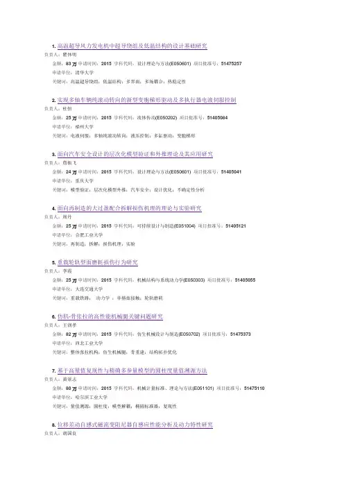 机械工程部分国家自然科学基金项目