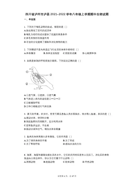 四川省泸州市泸县2021-2022学年-有答案-八年级上学期期中生物试题