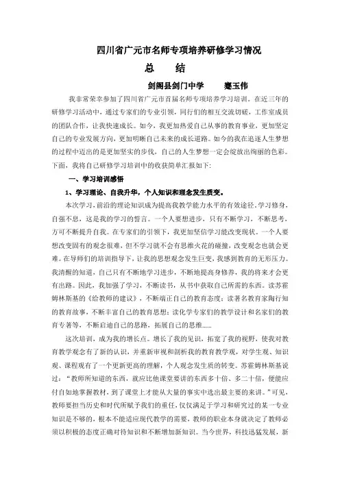蹇玉伟广元市名师专项培养研修学习活动工作总结